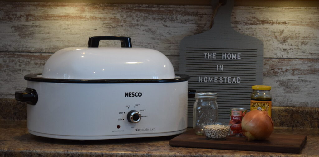 Homemade Baked Beans ingredients and Nesco Roaster for Slow Cooking