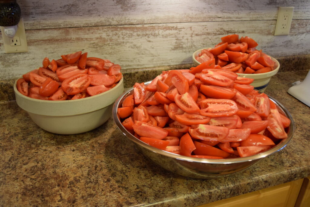 A Bushel of Fresh Tomatoes Cored and Cut into Quarters for Prepping the KitchenAid Stand Mixer Food Prep Attachments for Recipes and Canning