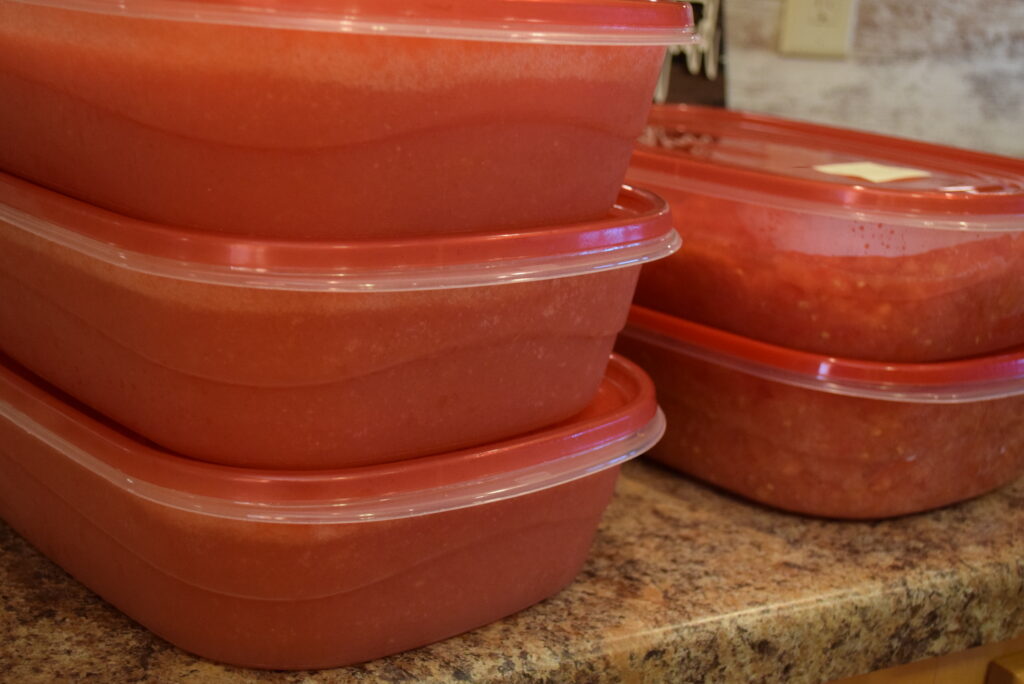 Storage Containers filled with Prepared Tomatoes - Tomato Puree, Diced Tomatoes & Tomato Scraps