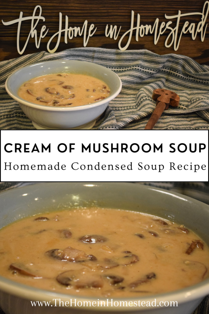 Homemade Cream of Mushroom Soup Recipe - Bowl of Cream of Mushroom Soup in front of a The Home in Homestead Sign