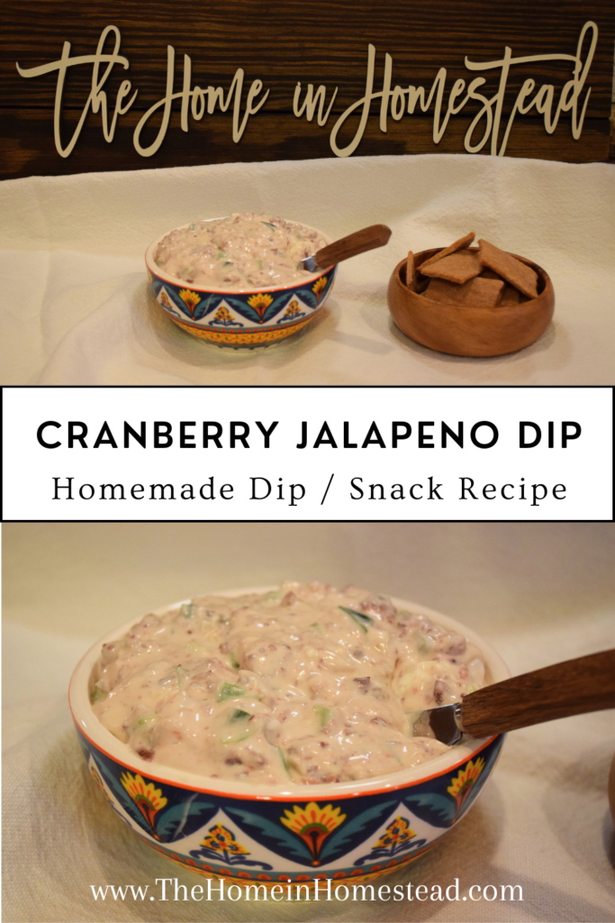 Cranberry Jalapeno Dip with Homemade Wheat Thins in front of a The Home in Homestead Sign